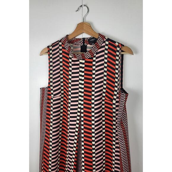 MARELLA Stripe Pleated A-Line Geometric Print Shift Silky Dress Black Orange | 8 - Picture 12 of 16